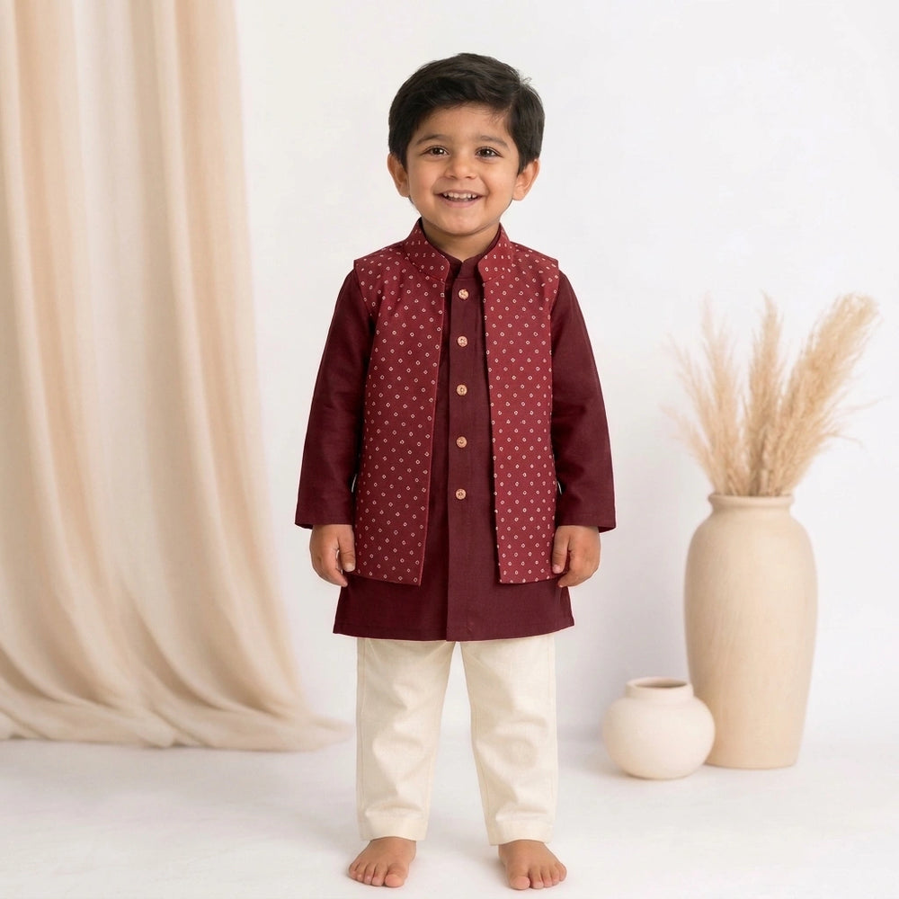 Sher x Tyohaar | Red Linen-Chandheri Kurta Pant & Jacket Set