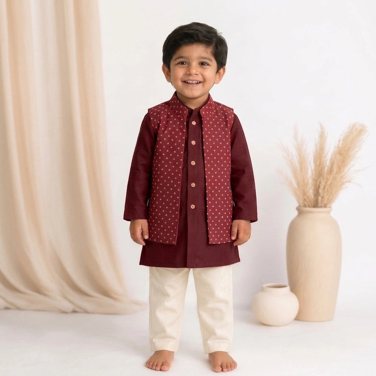 Sher x Tyohaar | Red Linen-Chandheri Kurta Pant & Jacket Set