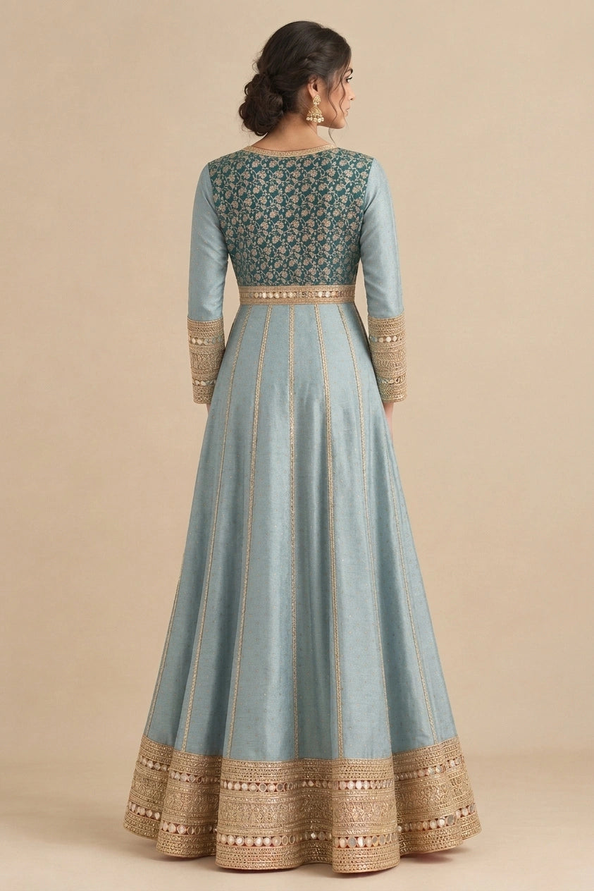Hiba | Full Sleeved Teal Empress Brocade SculptFit™ Anarkali Kurta