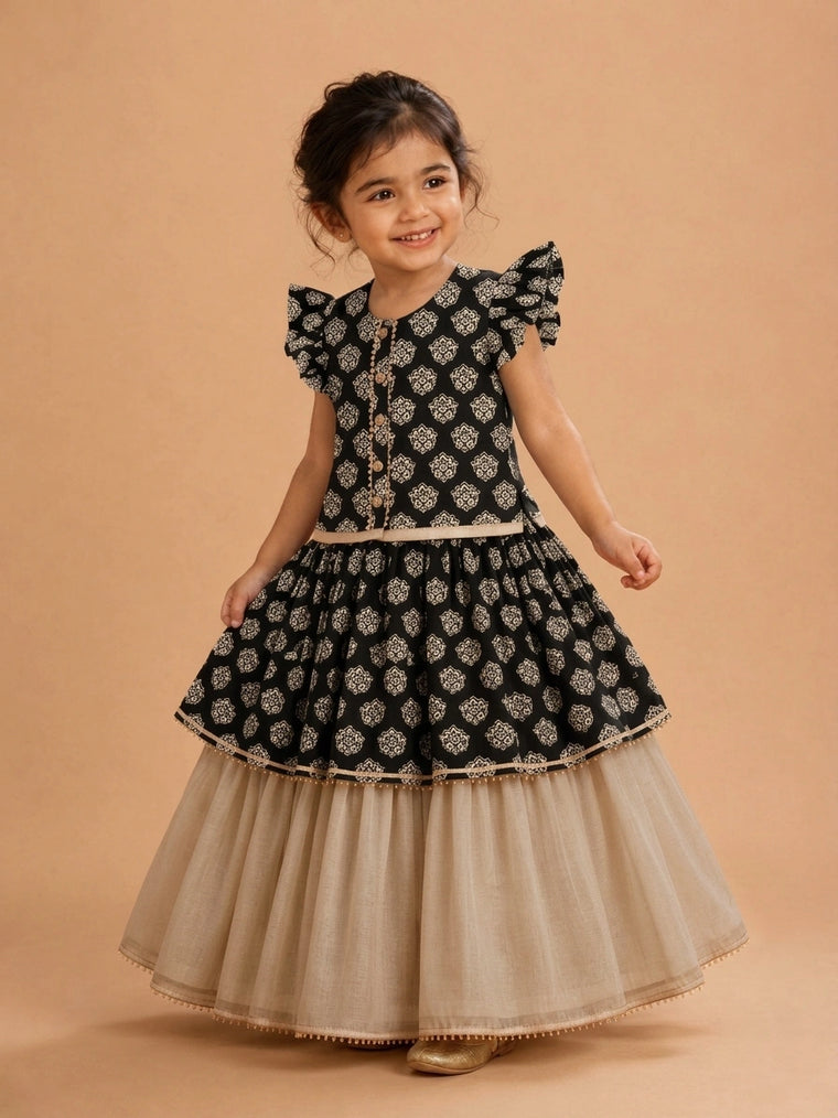 Chandri x Tyohaar | Tiered Lehenga Set in Black Floral Block Print Cotton