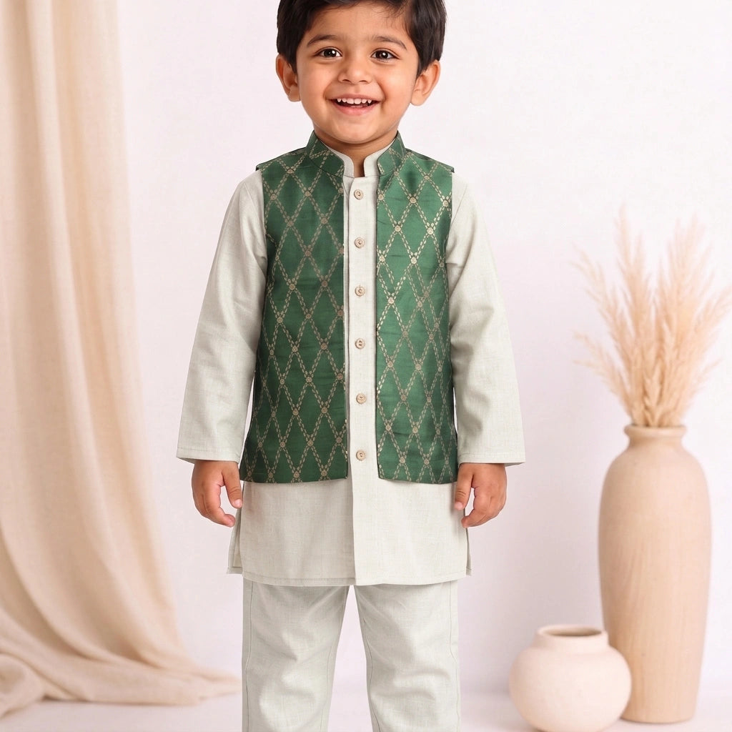 Jas x Tyohaar | White & Dark Green Linen & Brocade Kurta Pant & Jacket Set