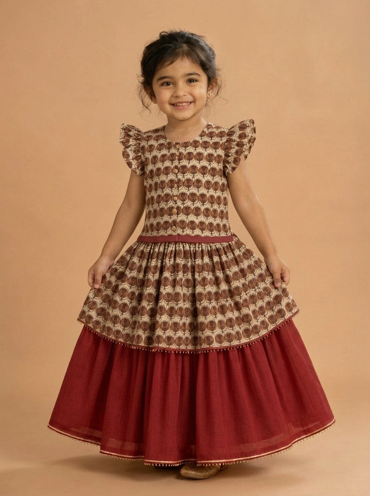 Piku x Tyohaar | Tiered Lehenga Set in Cream Floral Block Print Cotton