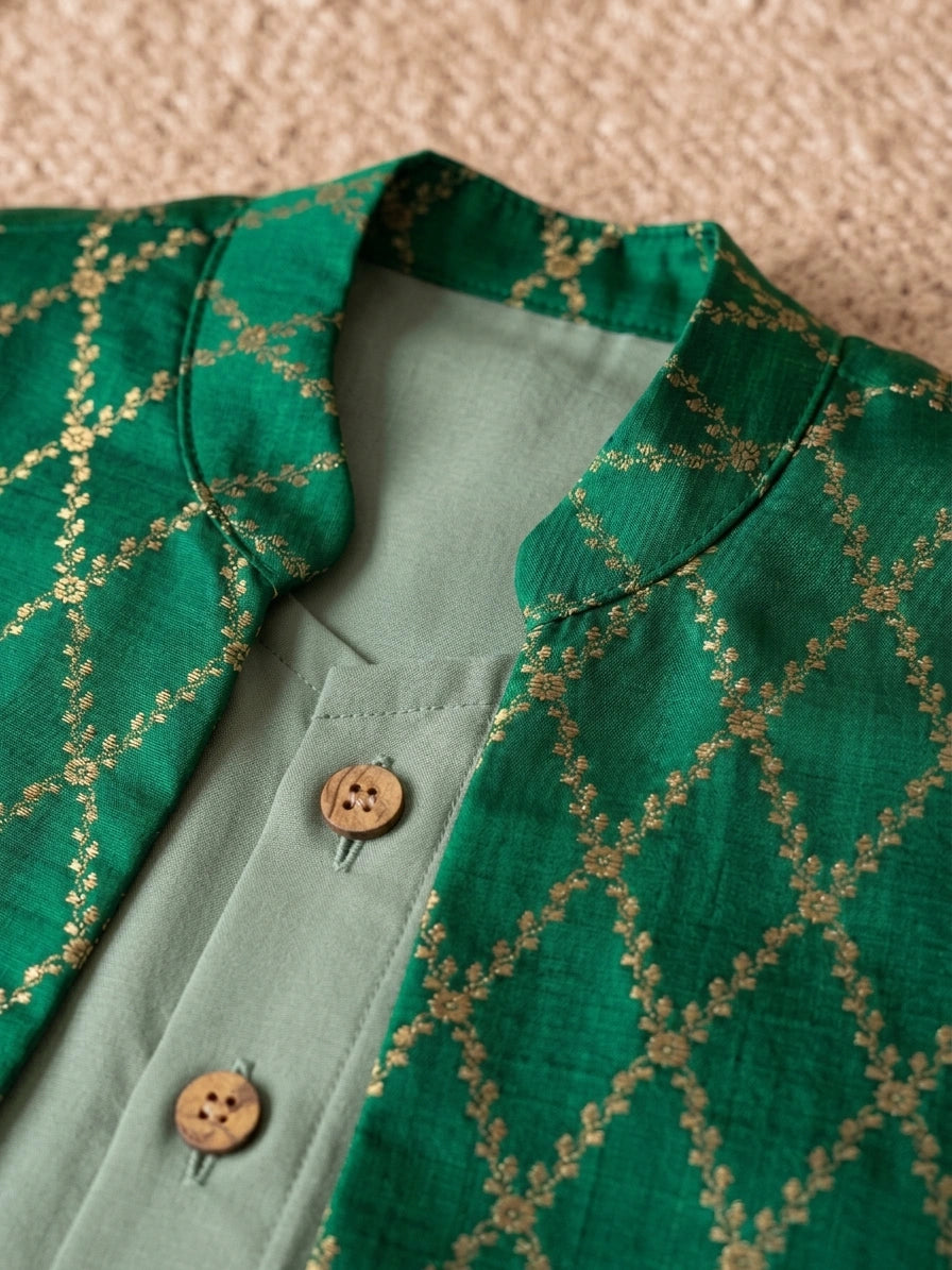 Jas x Tyohaar | Peppermint & Green Linen & Brocade Kurta Pant & Jacket Set