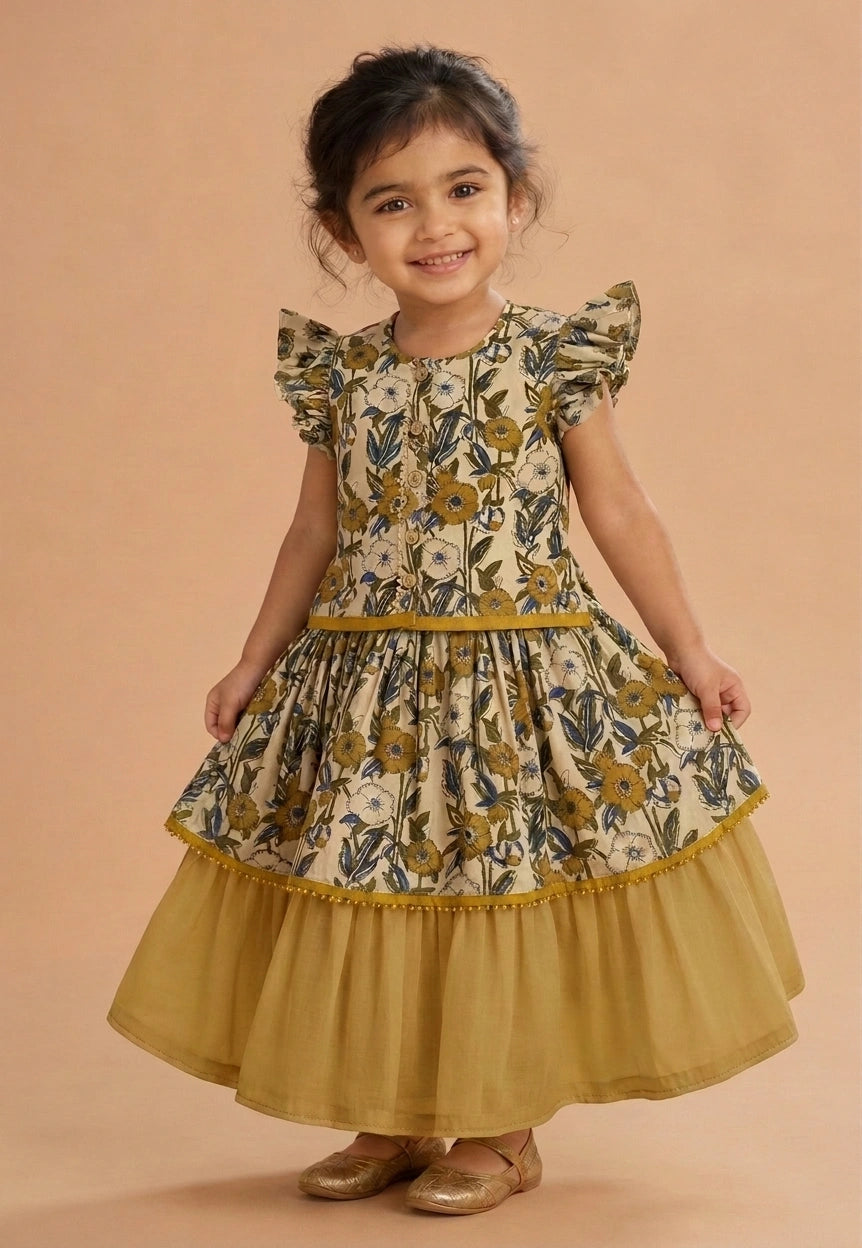 Guddi x Tyohaar | Tiered Lehenga Set in Cream Meadow Block Print Cotton