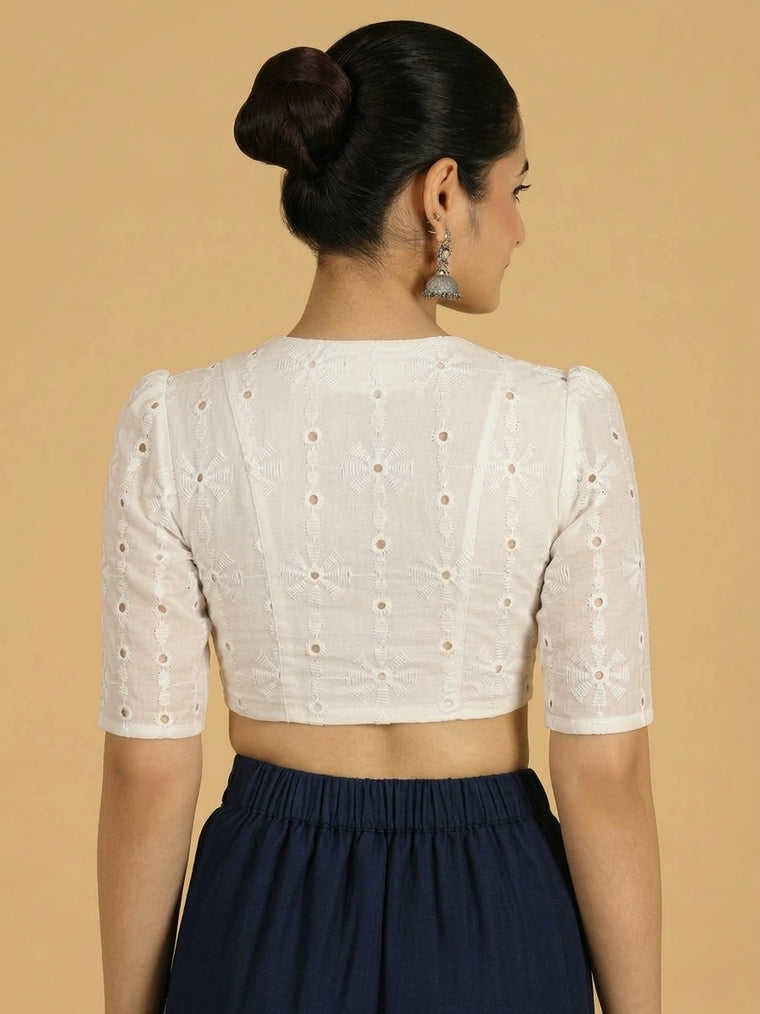 Shiuli | Puff Sleeve Pale Ivory Schiffli Cotton FlexiFit™ Saree Blouse