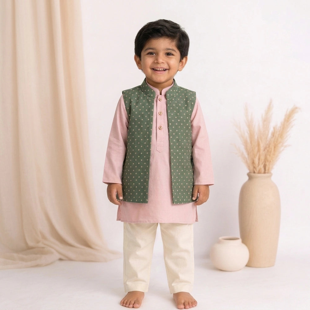 Sher x Tyohaar | Pink & Green Linen-Chandheri Kurta Pant & Jacket Set