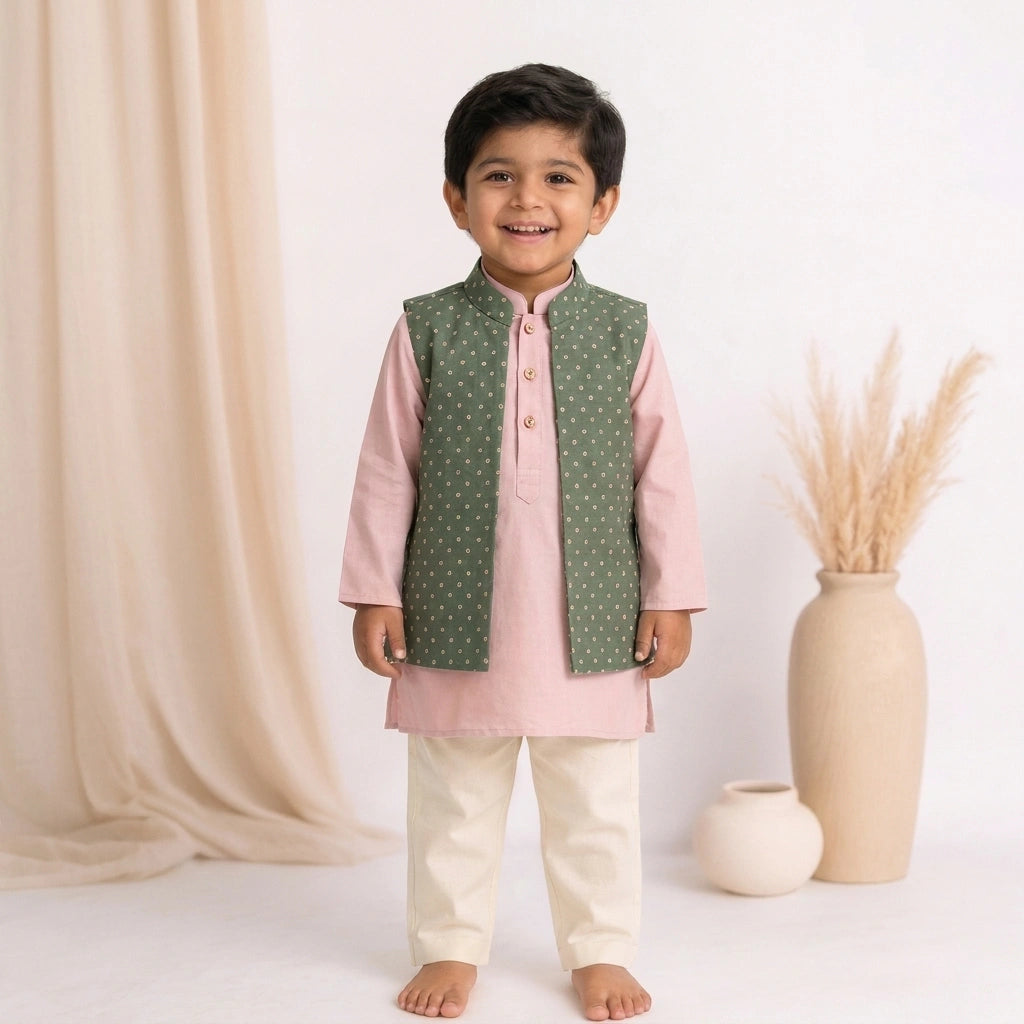 Sher x Tyohaar | Pink & Green Linen-Chandheri Kurta Pant & Jacket Set