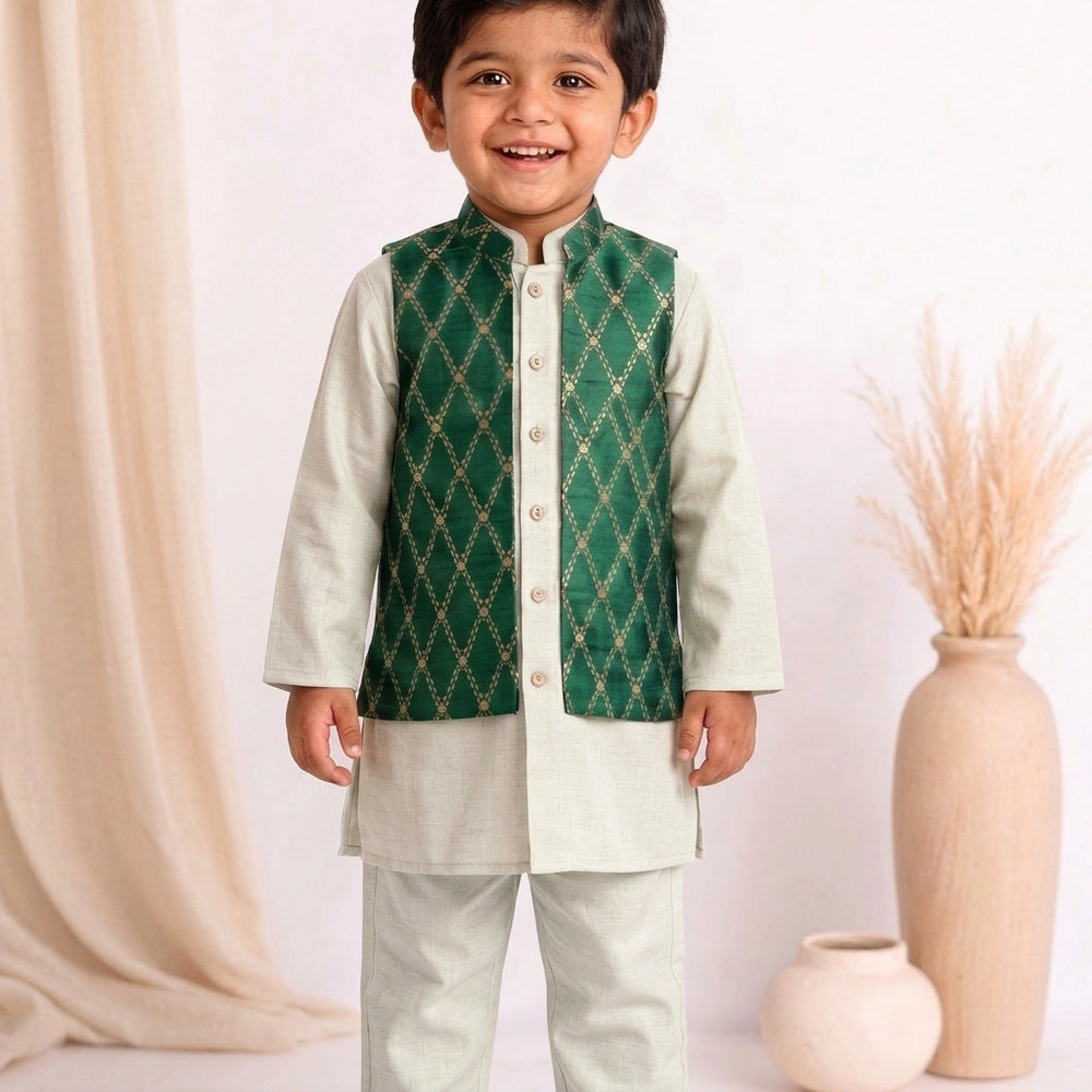 Jas x Tyohaar | White & Emerald Green Linen & Brocade Kurta Pant & Jacket Set