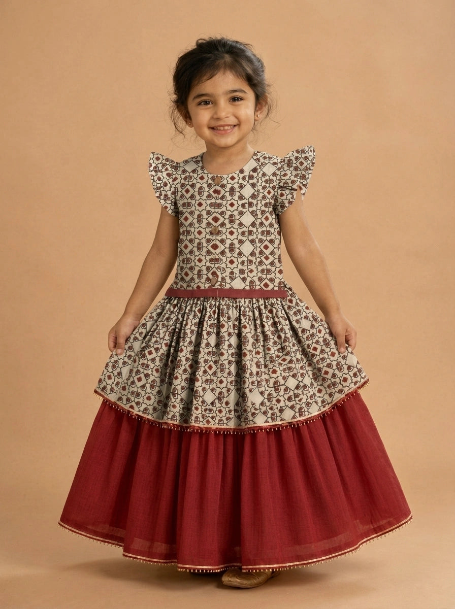 Amu x Tyohaar | Tiered Lehenga Set in Cream & Red Geometric Block Print Cotton