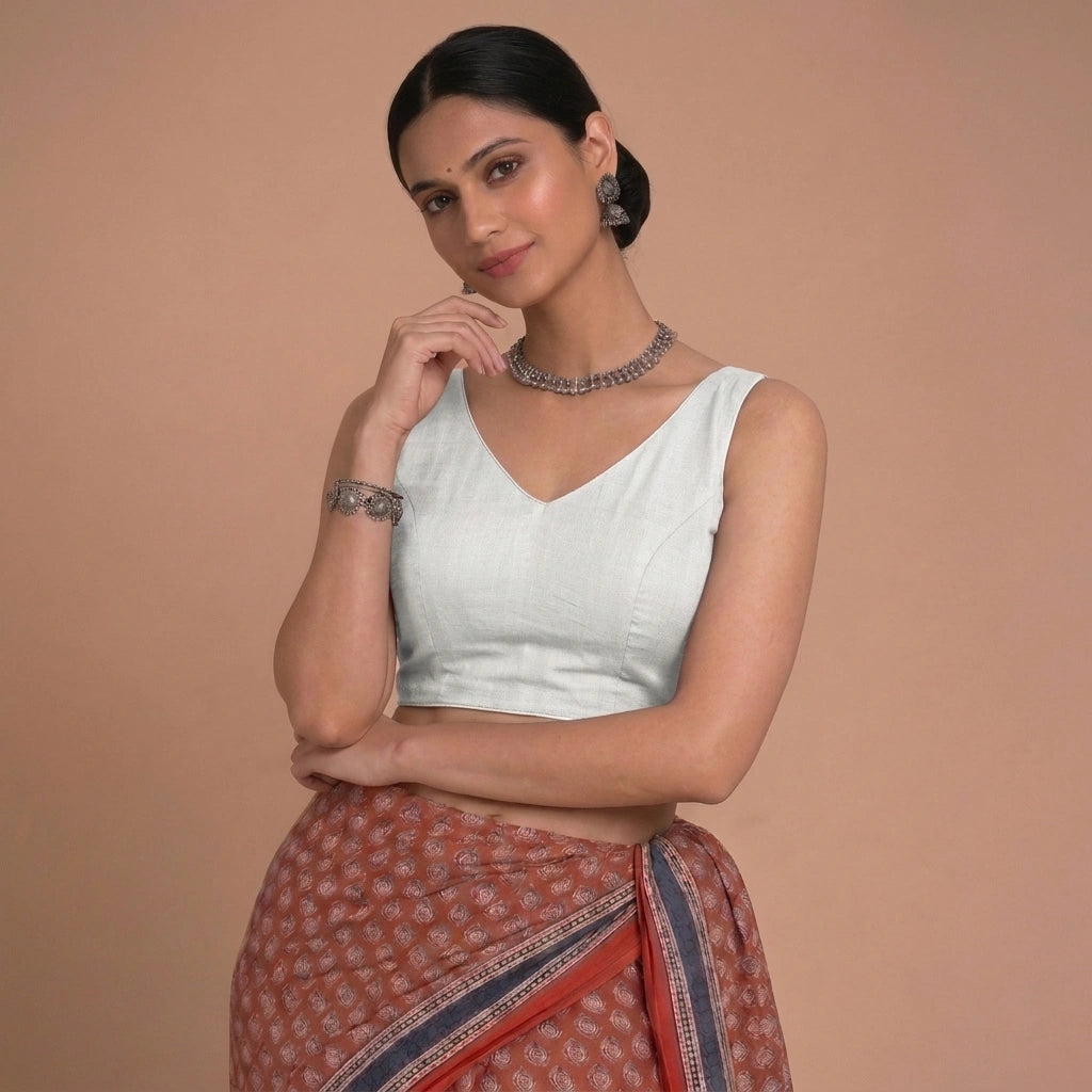 Ardha | Duet Reversible Blockprinted Indigo Flower & White Blockprinted Cotton CinchFit™ Saree Blouse