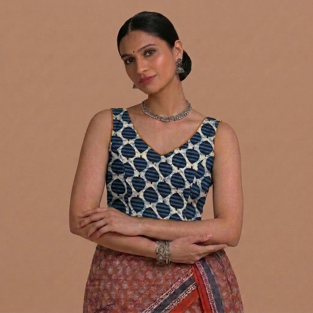 Ardha | Duet Reversible Blockprinted Indigo Spade & Yellow Blockprinted Cotton CinchFit™ Saree Blouse