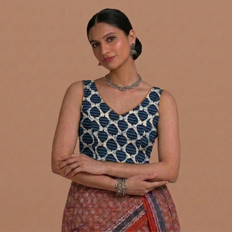 Ardha | Duet Reversible Blockprinted Indigo Spade & Yellow Blockprinted Cotton CinchFit™ Saree Blouse