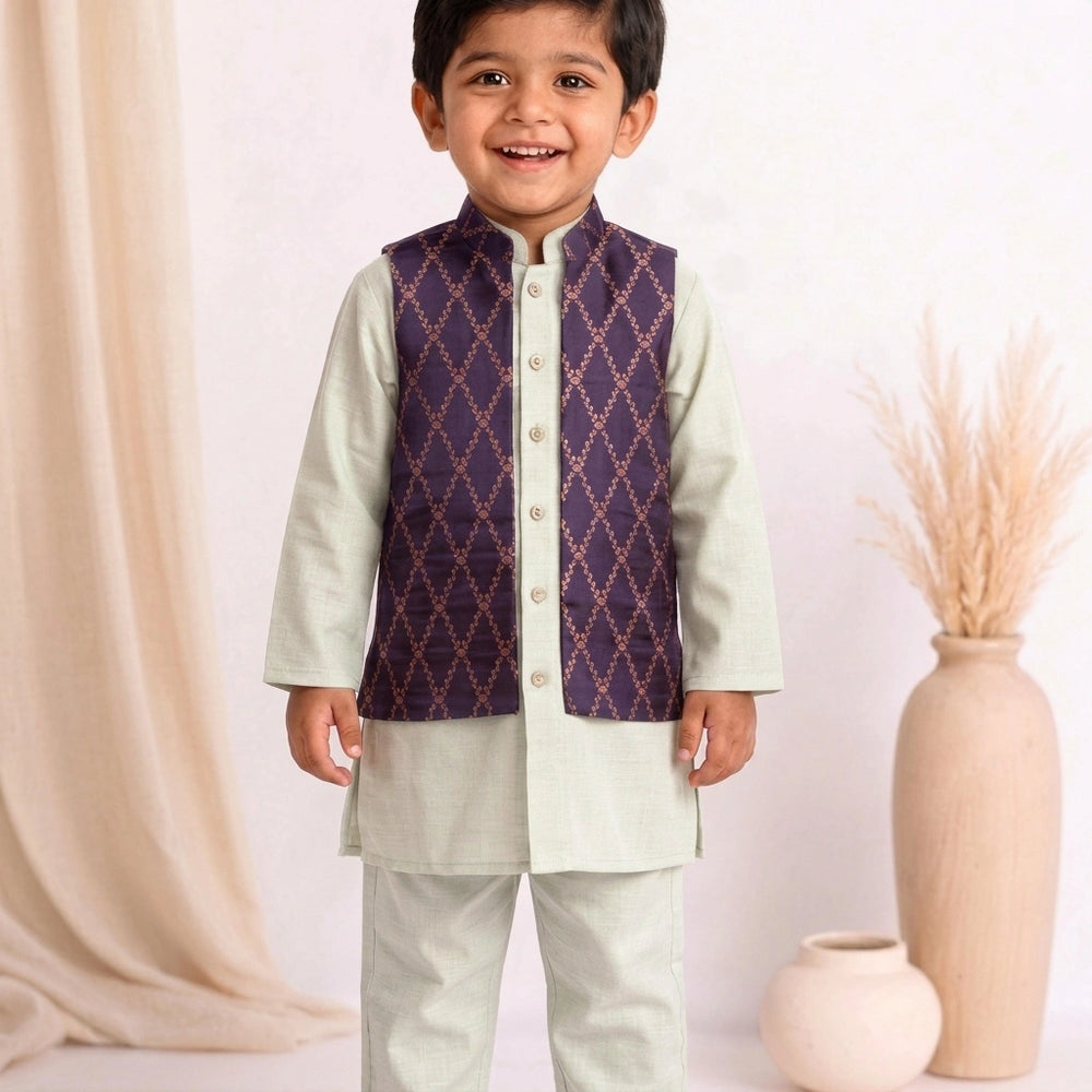 Jas x Tyohaar | White & Orchid Plum Linen & Brocade Kurta Pant & Jacket Set