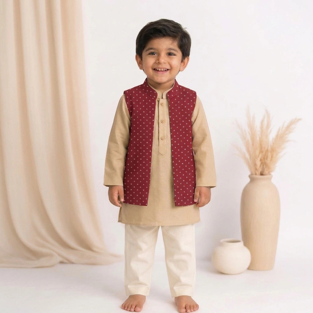 Sher x Tyohaar | Ecru & Red Linen-Chandheri Kurta Pant & Jacket Set