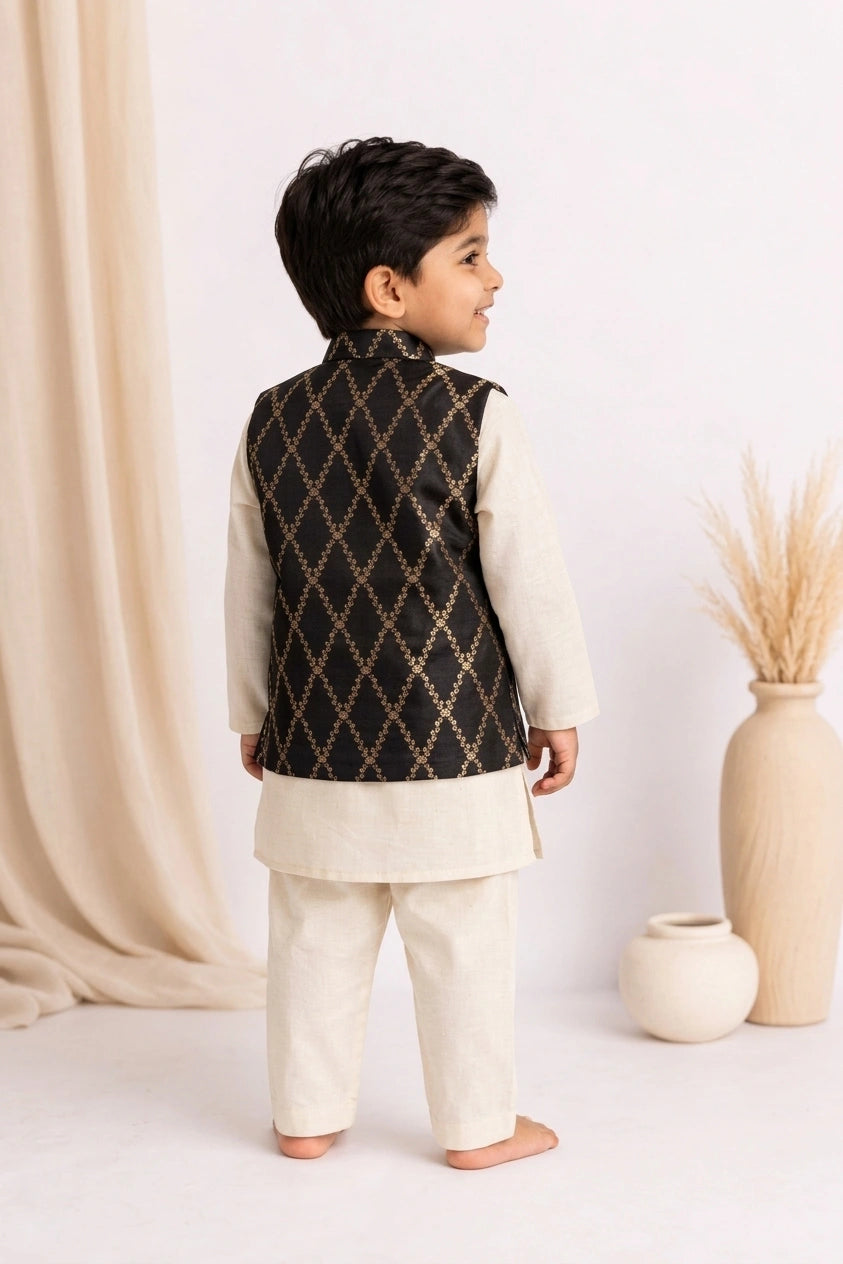 Jas x Tyohaar | White & Black Linen & Brocade Kurta Pant & Jacket Set