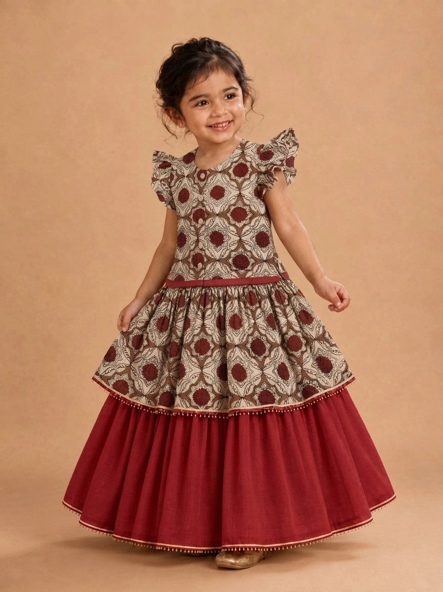 Sarun x Tyohaar | Tiered Lehenga Set in Red Dahlia Block Print Cotton