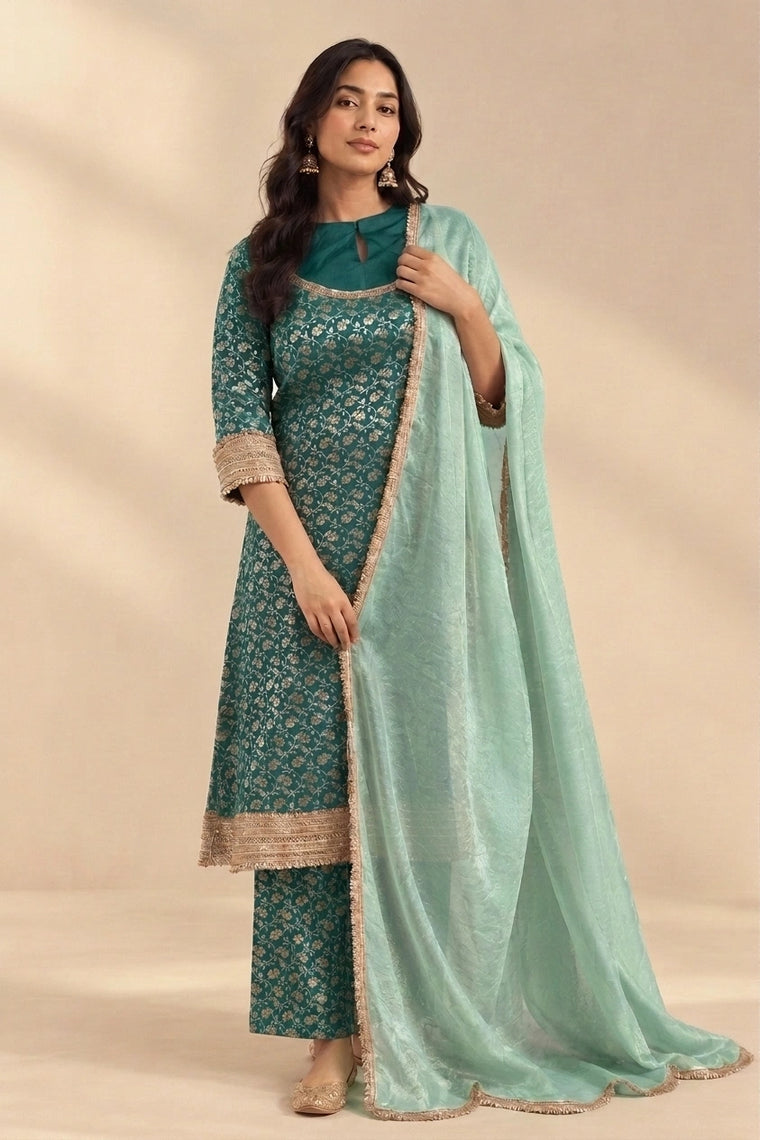 Saubhagya | Empress Teal Floral Jaal Brocade Kurta Set with Dupatta