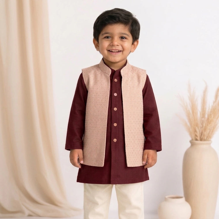 Sher x Tyohaar | Red & Muted Copper Linen-Chandheri Kurta Pant & Jacket Set