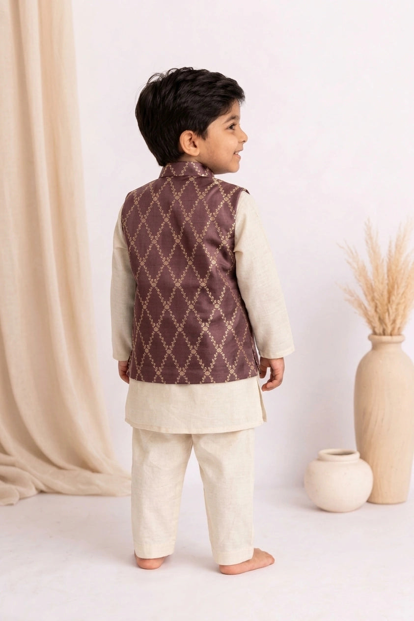 Jas x Tyohaar | White & Burgundy Linen & Brocade Kurta Pant & Jacket Set