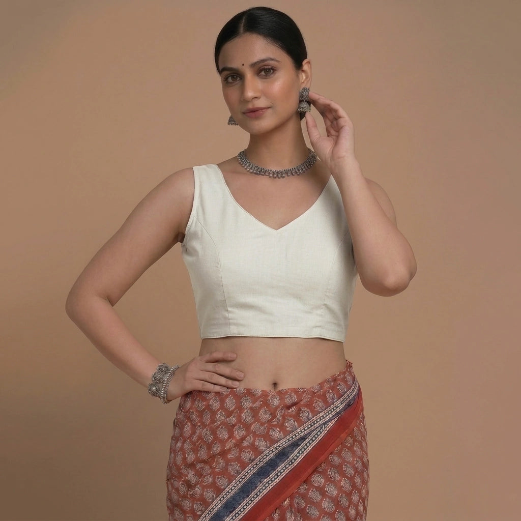 Ardha | Duet Reversible Blockprinted Indigo Flower & White Blockprinted Cotton CinchFit™ Saree Blouse