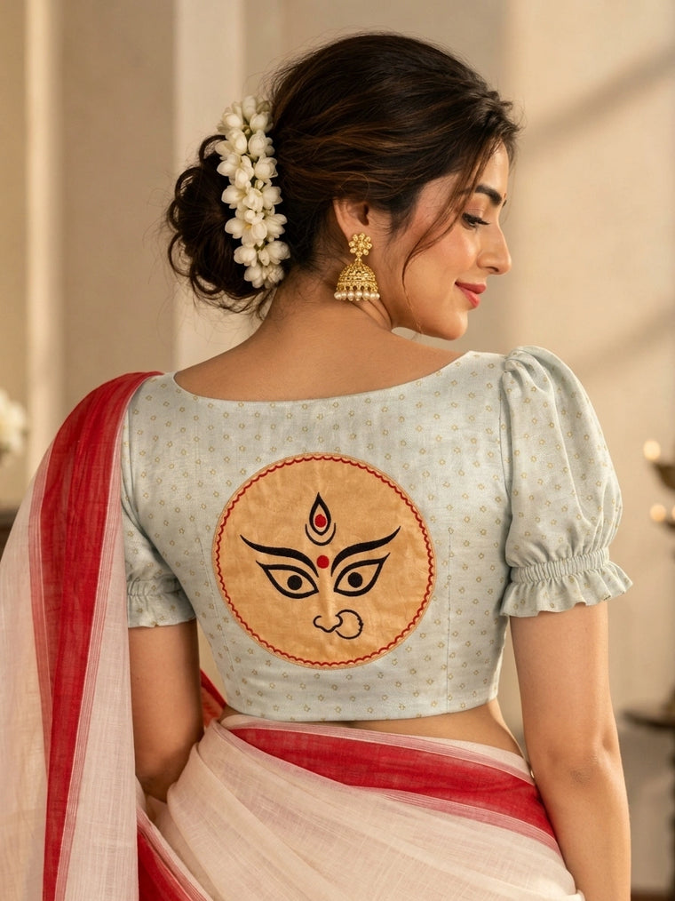 Durga | Puff Sleeve Embroidered White Foil Chandheri SculptFit™ Saree Blouse