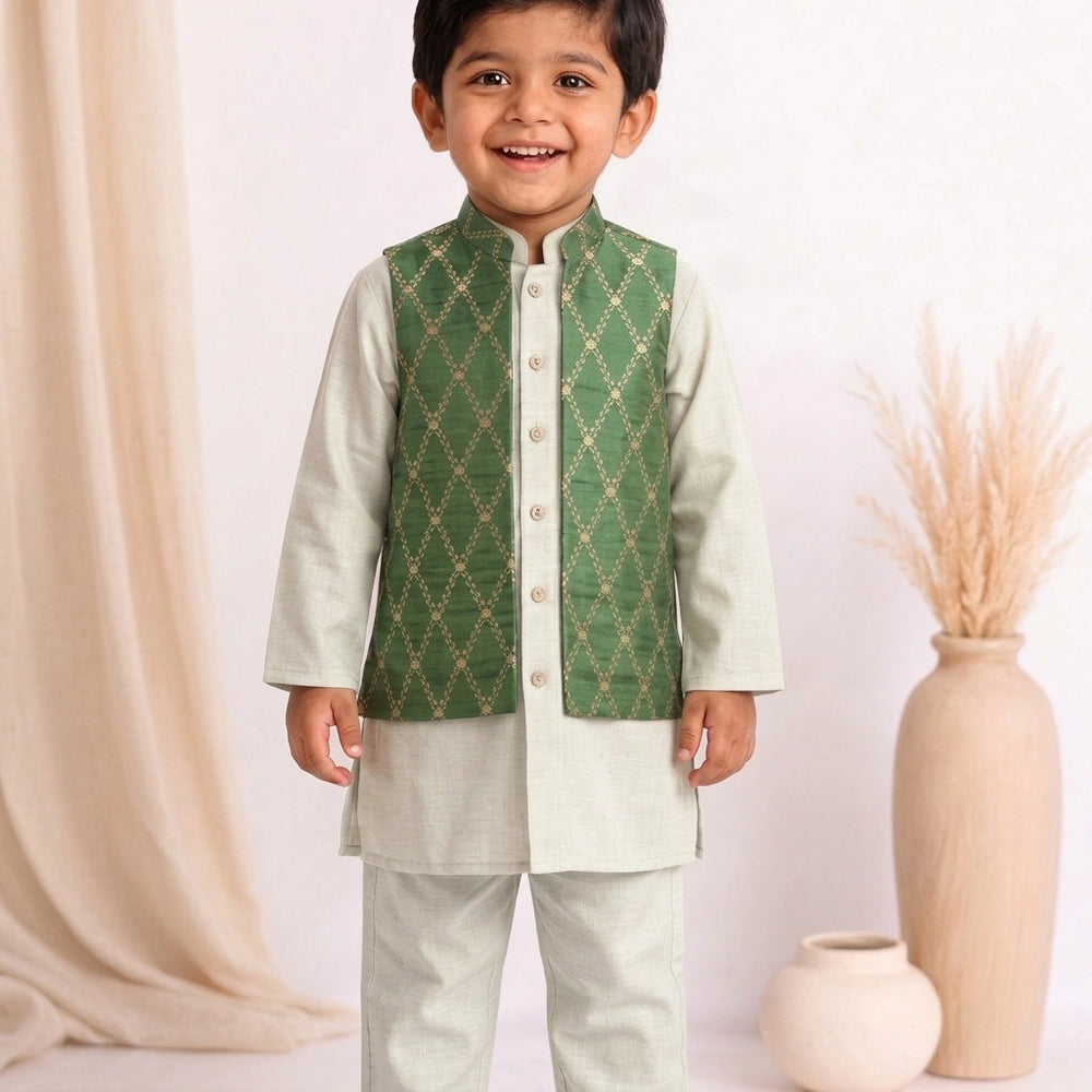 Jas x Tyohaar | White & Olive Linen & Brocade Kurta Pant & Jacket Set