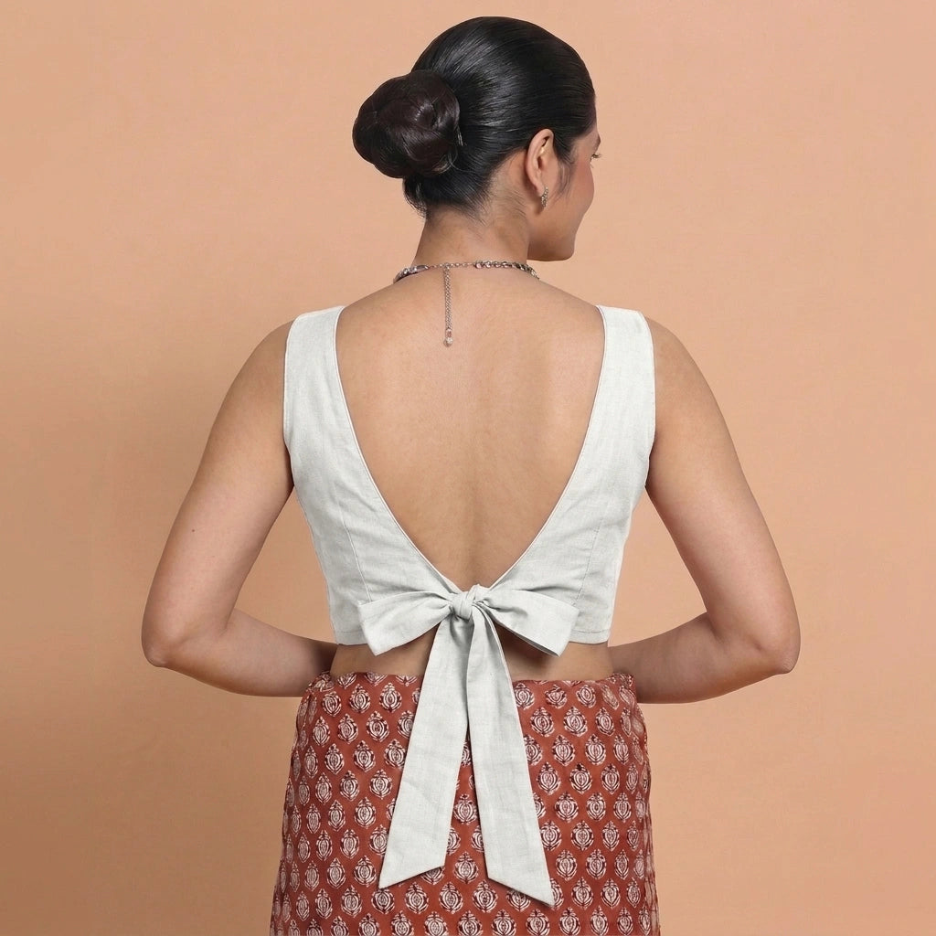 Ardha | Duet Reversible Blockprinted Indigo Flower & White Blockprinted Cotton CinchFit™ Saree Blouse