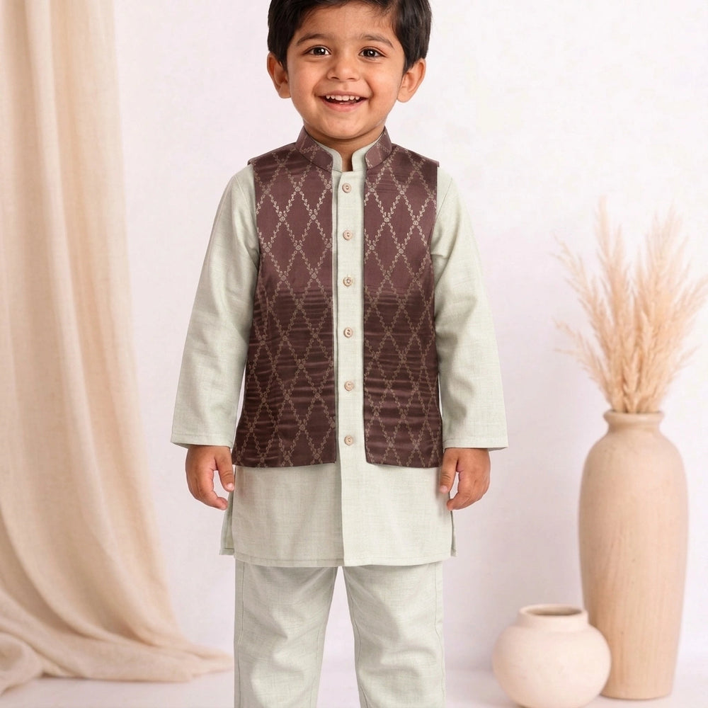 Jas x Tyohaar | White & Burgundy Linen & Brocade Kurta Pant & Jacket Set