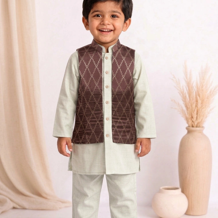 Jas x Tyohaar | White & Burgundy Linen & Brocade Kurta Pant & Jacket Set