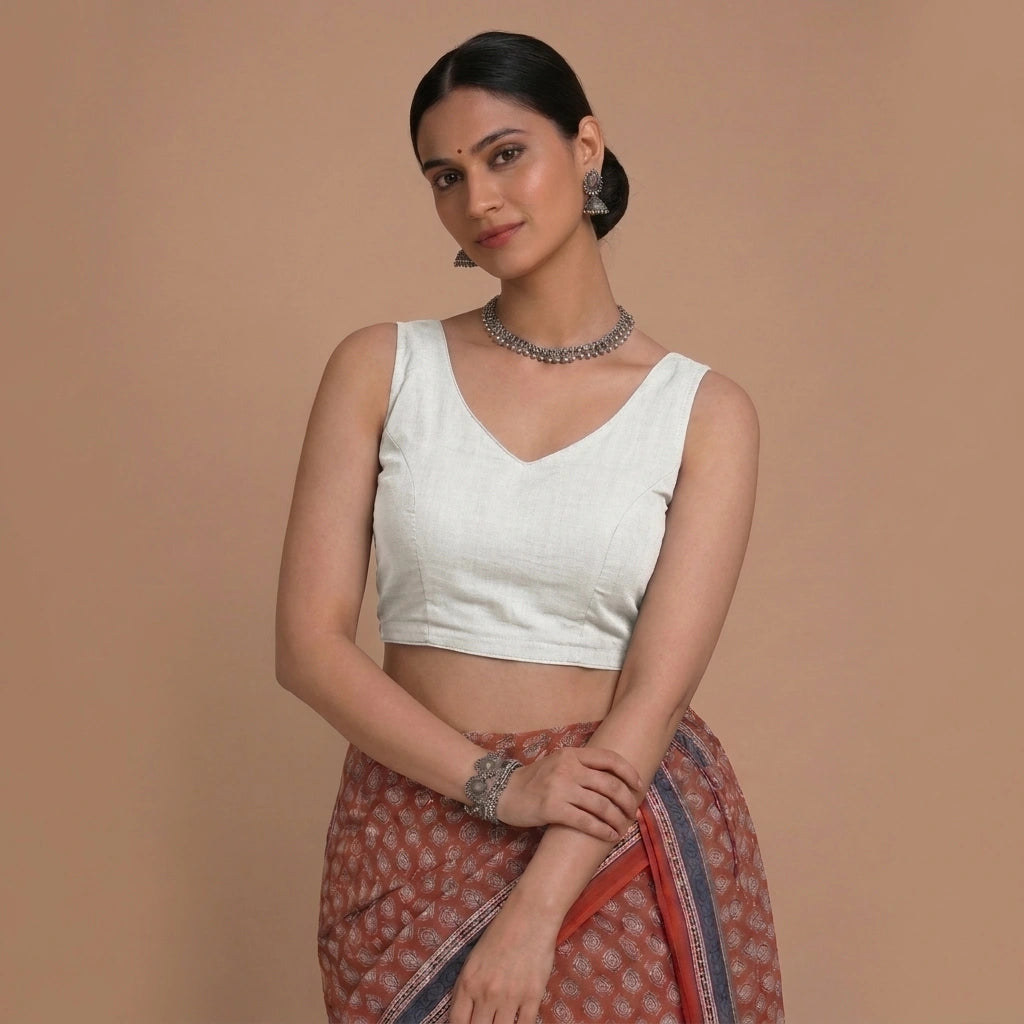 Ardha | Duet Reversible Blockprinted Indigo Flower & White Blockprinted Cotton CinchFit™ Saree Blouse