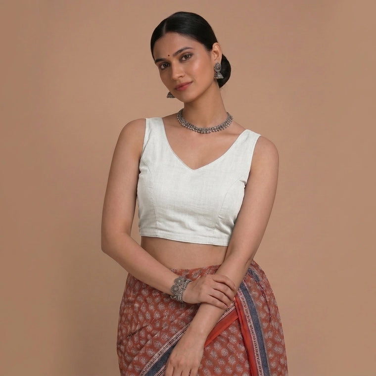 Ardha | Duet Reversible Blockprinted Indigo Flower & White Blockprinted Cotton CinchFit™ Saree Blouse