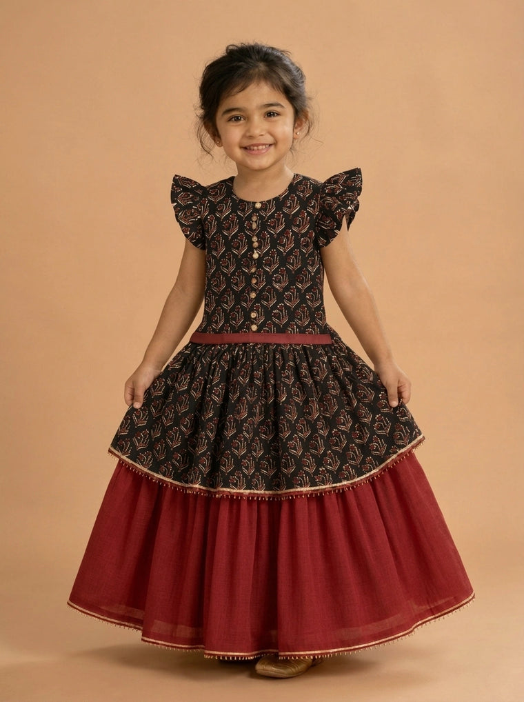 Naini x Tyohaar | Tiered Lehenga Set in Midnight Lily Block Print Cotton