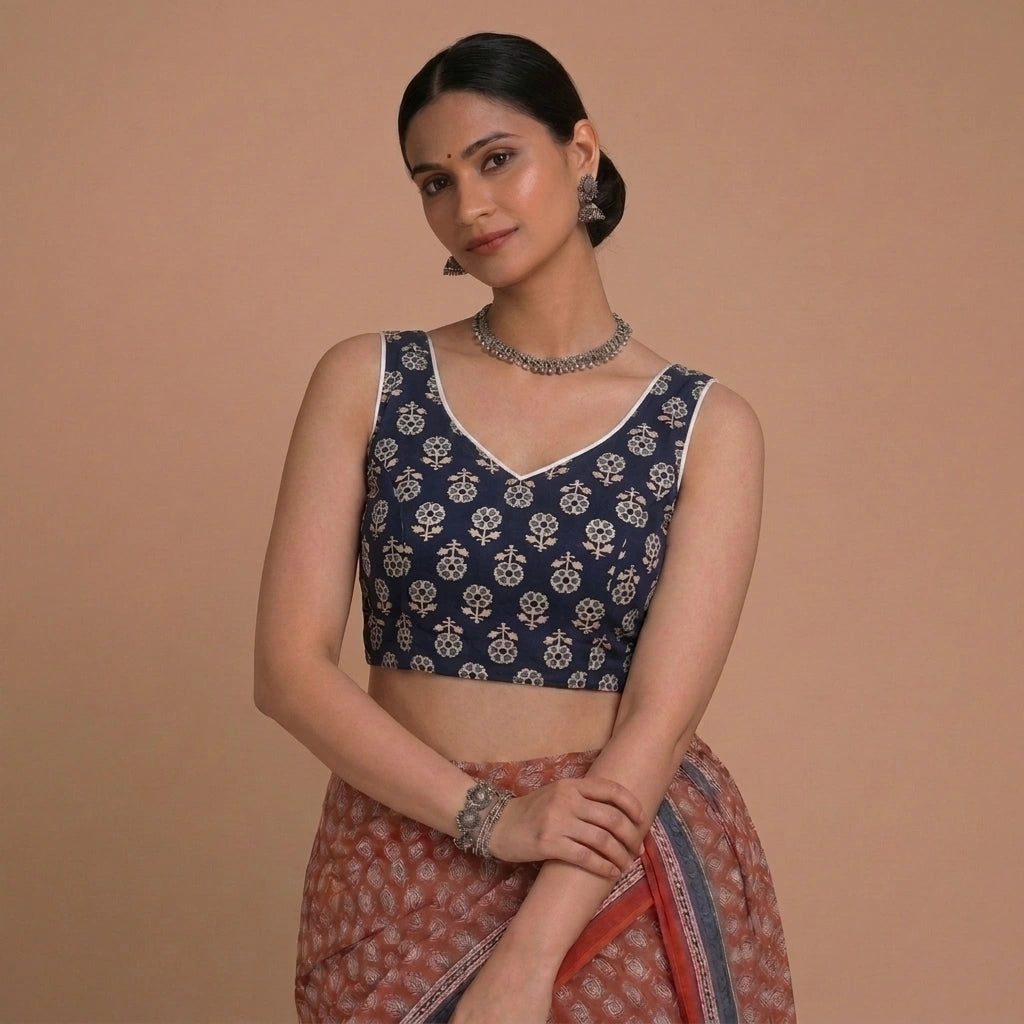 Ardha | Duet Reversible Blockprinted Indigo Flower & White Blockprinted Cotton CinchFit™ Saree Blouse
