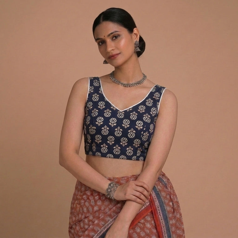 Ardha | Duet Reversible Blockprinted Indigo Flower & White Blockprinted Cotton CinchFit™ Saree Blouse