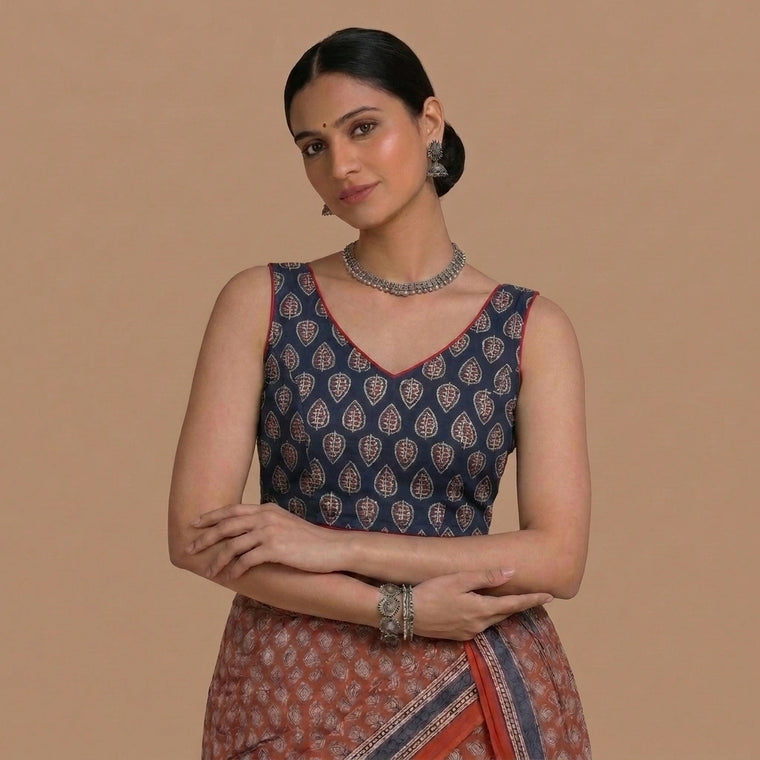 Ardha | Duet Reversible Blockprinted Indigo Leaf & Red Solid Cotton CinchFit™ Saree Blouse