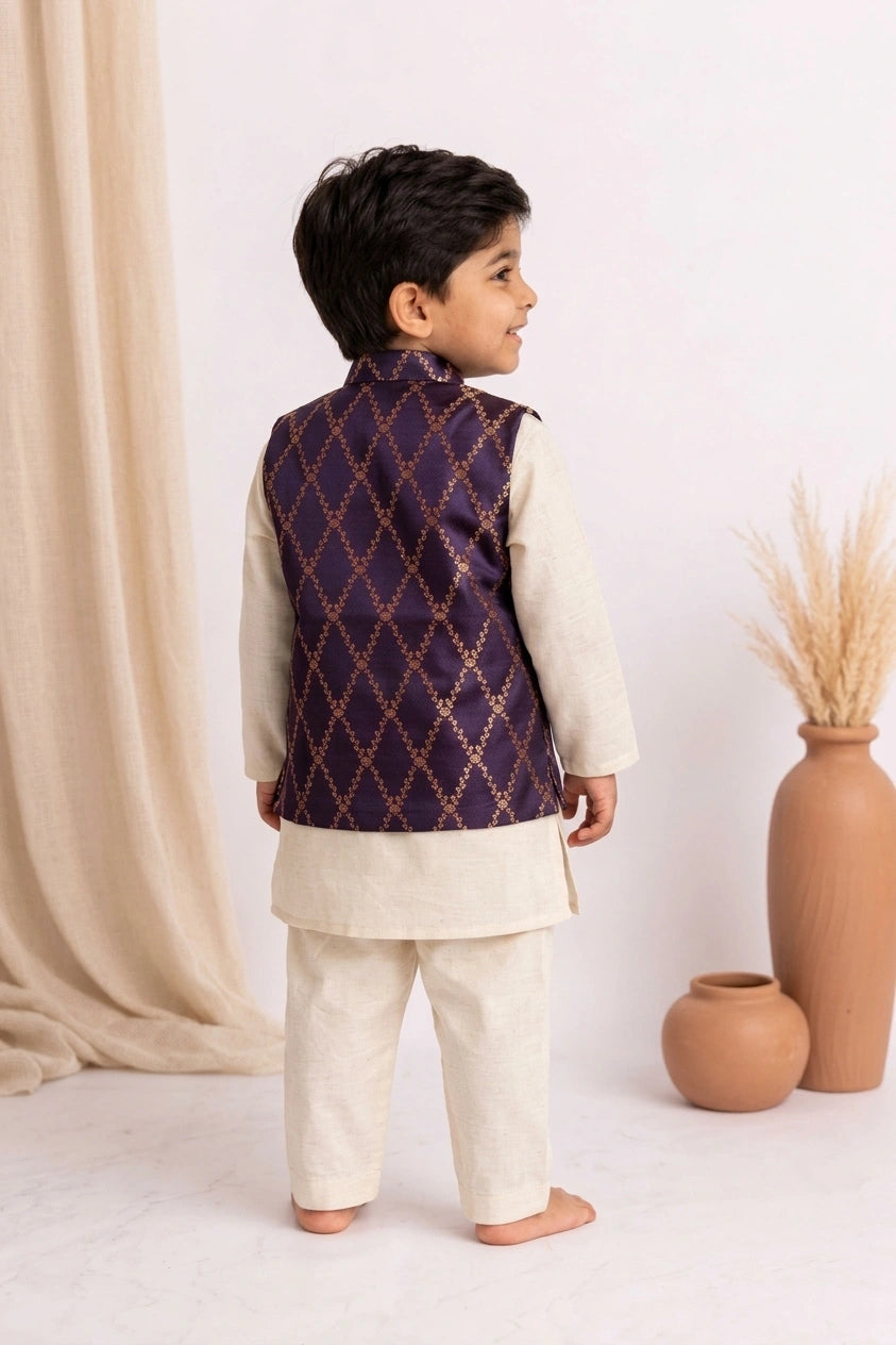 Jas x Tyohaar | White & Orchid Plum Linen & Brocade Kurta Pant & Jacket Set