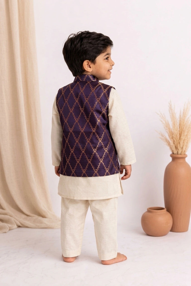 Jas x Tyohaar | White & Orchid Plum Linen & Brocade Kurta Pant & Jacket Set