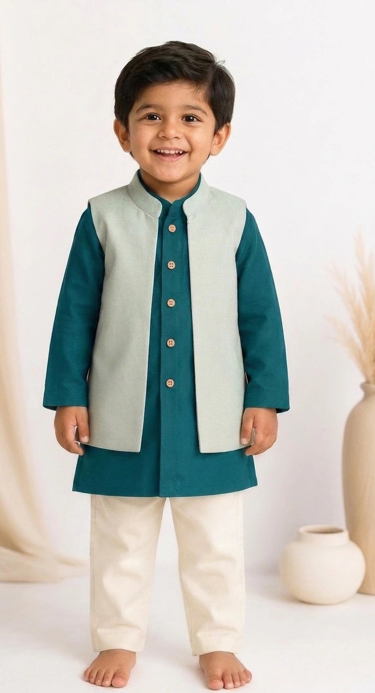 Sher x Tyohaar | Blue & Teal Linen-Chandheri Kurta Pant & Jacket Set