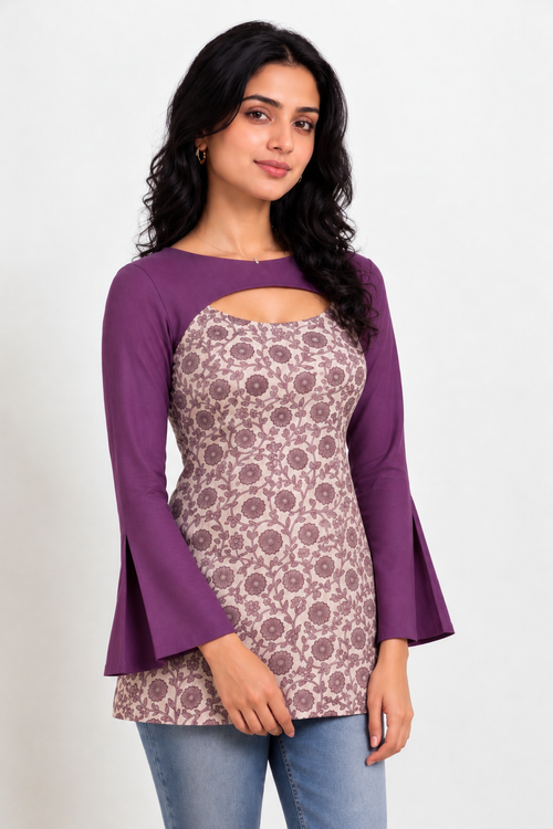 Vynaika | Full Sleeve Purple Floral Vine Cotton Block Print SculptFit™ Short Kurti