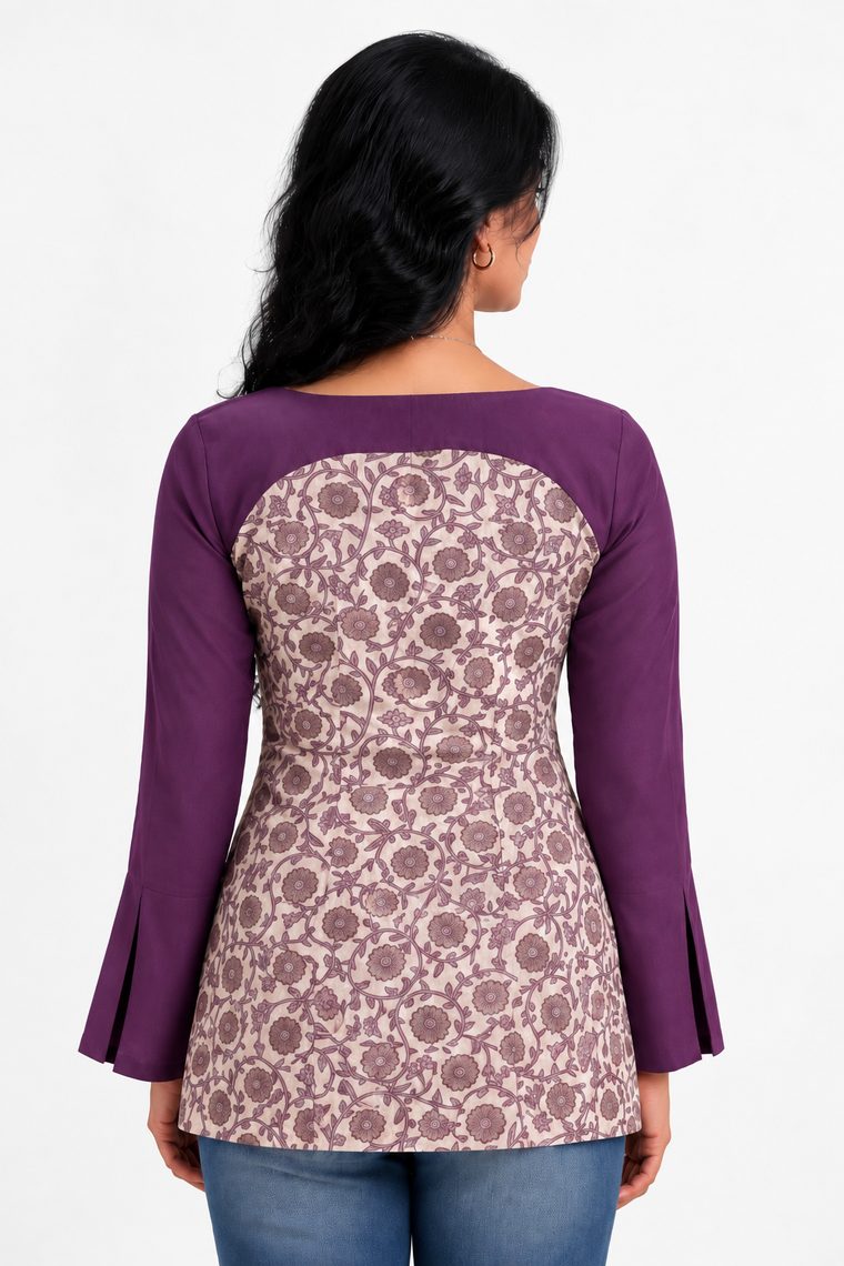 Vynaika | Full Sleeve Purple Floral Vine Cotton Block Print SculptFit™ Short Kurti