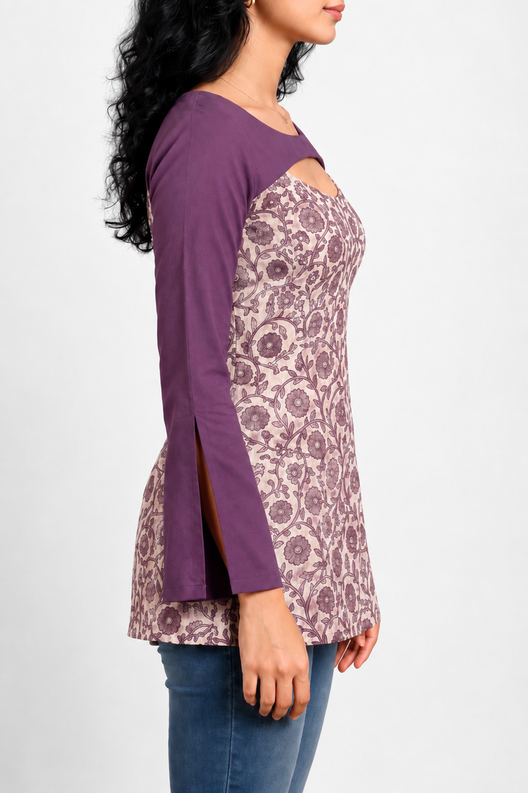 Vynaika | Full Sleeve Purple Floral Vine Cotton Block Print SculptFit™ Short Kurti