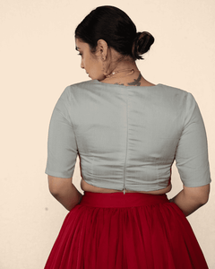 Zeenat x Rozaana | Silver Elbow Sleeves FlexiFit™ Saree Blouse with Plunging Neckline