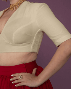 Zeenat x Rozaana | Cream Elbow Sleeves FlexiFit™ Saree Blouse with Plunging Neckline - Binks  