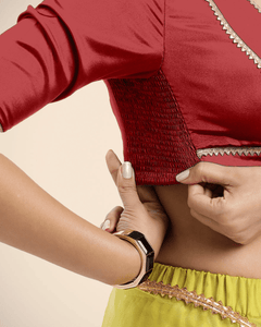 Zeenat x Tyohaar | Crimson Red Saree Blouse w/ FlexiFit™ and Gota Lace - Binks  