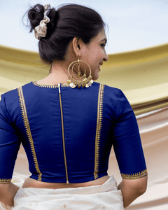 Designer Sari Blouse,Boat Neck Padded Blue Saree Blouse with Long