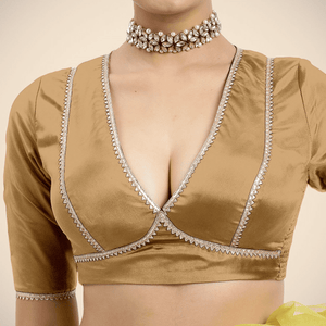  Zeenat x Tyohaar | Gold Saree Blouse w/ FlexiFit™ and Gota Lace_5