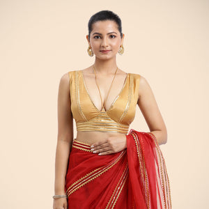 Ahana x Tyohaar | Sleeveless FlexiFit™ Saree Blouse with Plunging Neckline and Back Cut Out with Tasteful Golden Gota Besseller Combo @ Flast 20% OFF