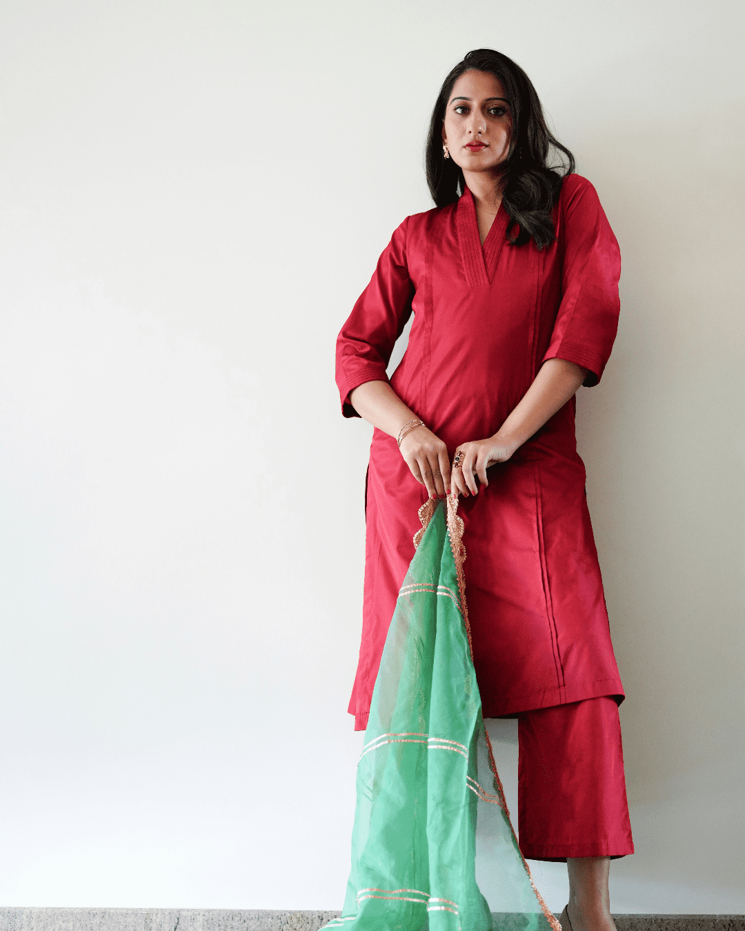 Barkha x Tyohaar Kurta, in Red Vegan Silk, featuring three quarter sleeves and overlap v-neckline, made for daily & work.
