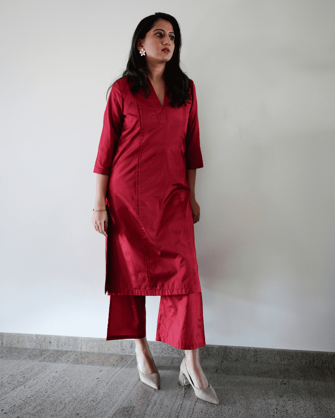 Barkha x Tyohaar Kurta, in Red Vegan Silk, featuring three quarter sleeves and overlap v-neckline, made for daily & work.