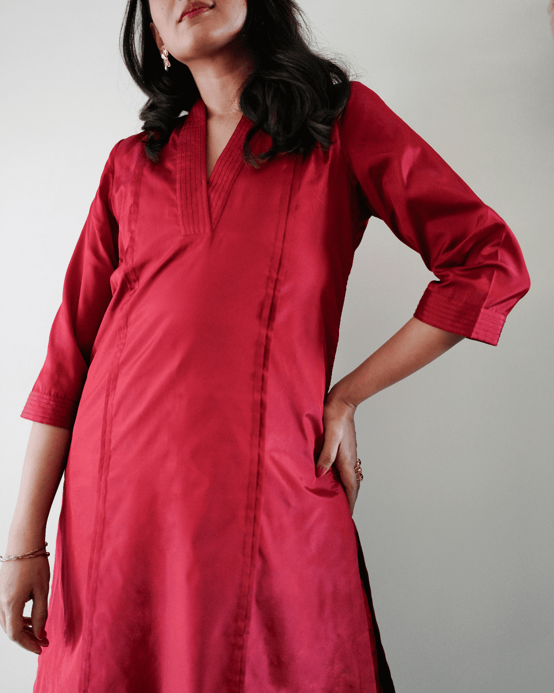 Barkha x Tyohaar Kurta, in Red Vegan Silk, featuring three quarter sleeves and overlap v-neckline, made for daily & work.
